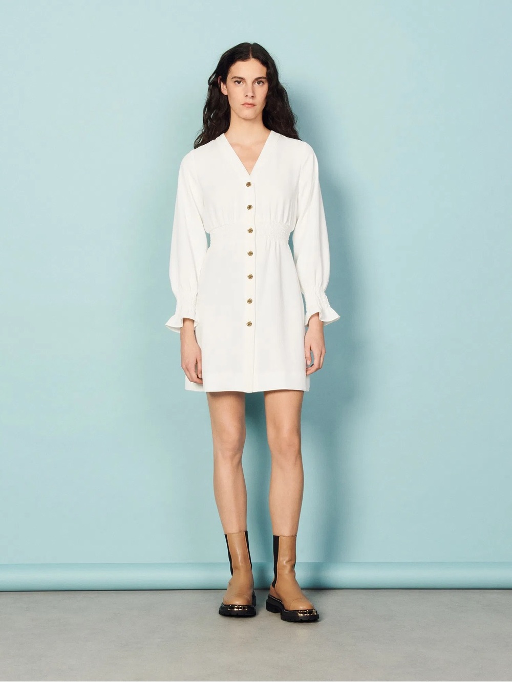 Sandro White V-Neck Mini Dress with Front Buttons